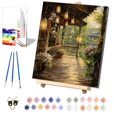 Imagem de Pintura de paisagem por números para adultos com tela emoldurada - com cavalete de madeira, pintura de cenário por número em tela, kits de pintura a óleo acrílica DIY com pincéis, boa caixa de