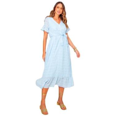 Imagem de Vestido midi manga curta em algodão texturizado com forro elegante - S