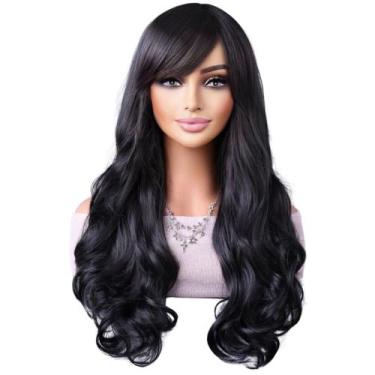 Imagem de Peruca Ondulada Com Franja Lace Wig 70cm Ultra Fibra - GM Hair, Preto