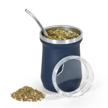 Imagem de AGH Xícara de erva mate 150 ml, cabaça de erva mate e conjunto de canudo de bombilla, xícara de chá isolada a vácuo de parede dupla de aço inoxidável (azul escuro)