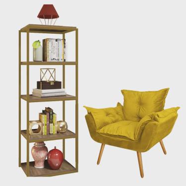 Imagem de Kit Poltrona Fatte com Estante Livreiro Ferro Dourado mdf Rústico Suede Amarelo - Ahazzo Móveis