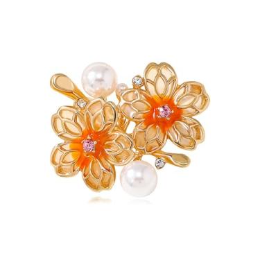 Imagem de Broche de flor de strass banhado a ouro 18 quilates flor floral broche elegante pérola lapela broche fantasia bijuteria dia de ação de graças presentes de aniversário casamento para mãe esposa, Liga