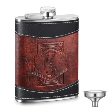 Imagem de Baderke Groomsmen cantil personalizado 227 g aço inoxidável monograma hip cantil para homens couro Natal presente de aniversário para pai vovô casamento (letra G)