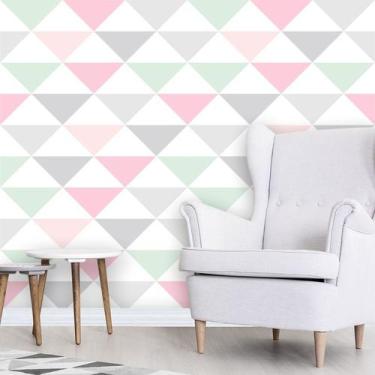 Imagem de Papel de Parede Triângulos em tons de Rosa, Cinza, Verde e Branco - In