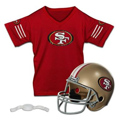 Imagem de Conjunto de capacete e jérsei de futebol americano Franklin Sports NFL infantil – Fantasia de uniforme de futebol americano juvenil – capacete, jérsei, chinstrap – jovem M, San Francisco 49ers, Small
