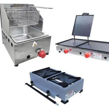 Imagem de Kit Lanchonete Fogão Portátil 2 Bocas + Chapa 90cm Prensa e Fritadeira