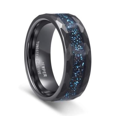 Imagem de JEWPER Anéis de tungstênio para homens 8 mm preto/prata/ouro moda promessa aliança de casamento martelada sulco meteorito orbo carboneto chanfrado borda polida ajuste confortável, 8, Metal, Sem pedra