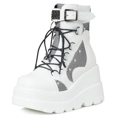 Imagem de Tscoyuki Botas de cano curto femininas de salto alto grosso gótico bico redondo botas de combate femininas com cadarço e plataforma de motocicleta, 1 branco, 5.5