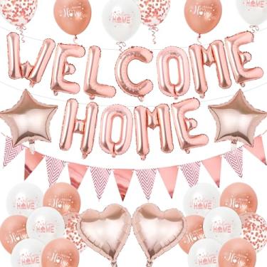 Imagem de Welcome Home Banner Balloons Decorations - Rose Gold Confetti Star Letter Heart Foil Latex Balloon, Bunting Decor for Baby Girl Family Army Military Theme Party Supplies