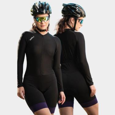 Imagem de Macaquinho de Ciclismo Feminino Manga Longa Bike Way Fresh Preto Roxo 