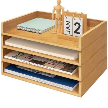 Imagem de Prolee Bandeja de papel empilhável, organizador de papel de madeira para mesa com 4 bandejas de cartas, suporte de papéis e prateleira organizadora de documentos de escritório para documentos de