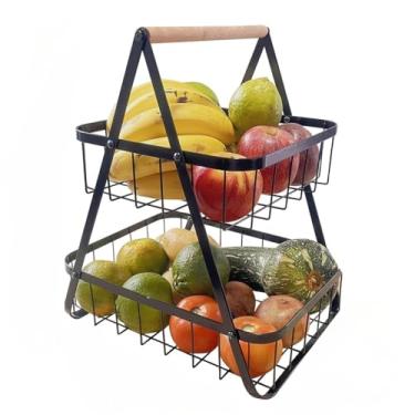 Imagem de Cesta De Frutas De Mesa Média Com 33 Cm De Altura E 2 Camadas De Organizador Multiuso Com Fio(Preto//33 x 30cm)