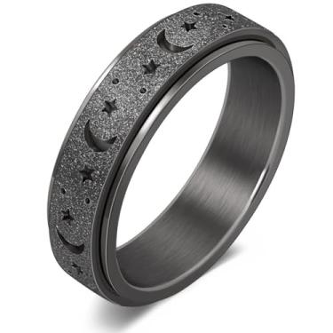 Imagem de DURSI Anel giratório feminino com lua e estrela, para ansiedade, aço inoxidável, brinquedo giratório (preto, tamanho 4), Aço inoxidável, Sem pedra preciosa