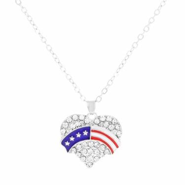 Imagem de Colar de strass com bandeira dos EUA patriótico vermelho branco azul esmaltado bandeiras americanas coração anjo asa colar para mulheres e homens independência Memorial Day 4 de julho joias modernas