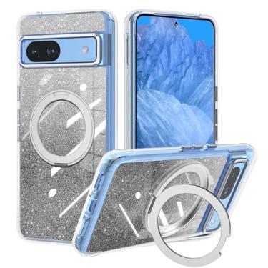 Imagem de Hensione Capa magnética para Google Pixel 8A com glitter, [compatível com MagSafe] linda capa brilhante brilhante, suporte de anel giratório de 360° embutida para mulheres e meninas, prata