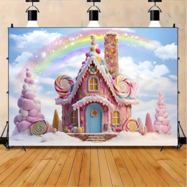 Imagem de Sweet Christmas Candy Gingerbread House Pano de fundo para sessão de fotos Candyland Inverno Floco de Neve Crianças Recém-nascidos Chá de Bebê Decoração de Festa de Aniversário Fundo Festivo de Natal