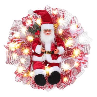 Imagem de Guirlandas de Natal para porta da frente – Linda decoração de Natal de 43 cm com brinquedos de pelúcia e cordão de luzes LED | Uso interno/externo para proprietários, famílias e lojas