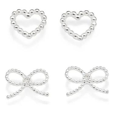 Imagem de Kit Prata 925 2 Brincos Laço Coração C/ Esferas Rommanel, Prata