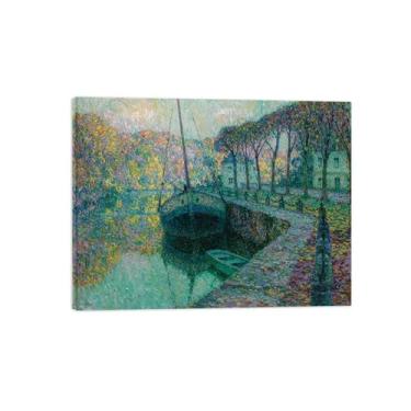 Imagem de LXURY Impressão de arte de parede em tela de paisagem - Barco do lago - Imagem em tela com moldura de madeira - Decoração de parede Pintura de arte - Pôster de reproduções famosas 40 x 50 cm 40 x 50