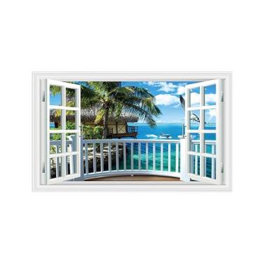 Imagem de Paisagem Impressões em Tela-Casa Árvore mar-Janela Falsa Quadro de Parede-Natureza Pintura para Decoração Banheiro 30x50cm Sem Moldura