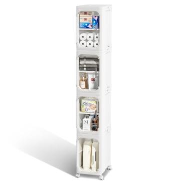 Imagem de JOYZAN Armário de armazenamento estreito para banheiro com rodas móveis, armário de armazenamento fino com 4 portas e painel removível, organizadores de banheiro skinny e armazenamento para espaços