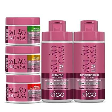 Imagem de Kit Eico Salão Em Casa Cronograma Profissional Shampoo e Condicionador 400ml Tratamento Máscaras Hidratação Nutrição e Reconstrução 270g