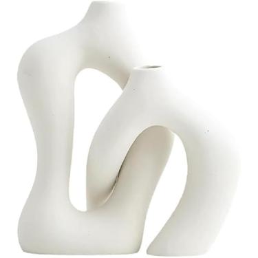 Imagem de Conjunto De Vasos De Cerâmica Com Cruz Circular Irregular Decoração Minimalista Avançada Para Sala De Estar, Armário De Tv E Entrada, 8.27 X 7.09 X 4.53 Polegadas, Conjunto De 2, White