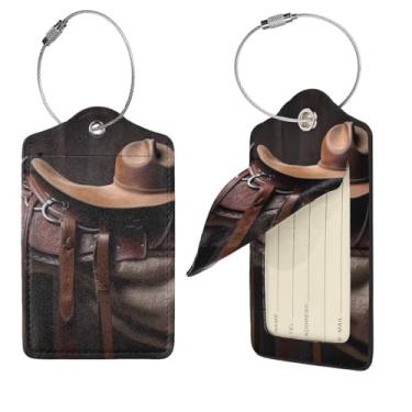 Imagem de Selim de cavalo com chapéu de caubói etiquetas de bagagem selvagens para malas, 2 peças de couro PU etiqueta de mala de viagem com laço de aço inoxidável etiquetas de identificação com capa de
