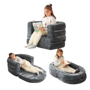 Imagem de Welnow Cama De Viagem 3 Em 1 Para Crianças Pequenas, Camas Chão Portáteis E Conversíveis, Berço Dobrável Com Capa Lavável Colchão Alta Densidade, Sofá Infantil Menina Ou Menino, Cinza Escuro