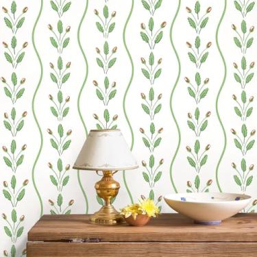 Imagem de Fititem Papel de parede de contato verde e branco com listras florais, papel de parede autoadesivo removível para quarto, sala de estar, banheiro, revestimento de parede vinil 17,3 x 78,17 cm