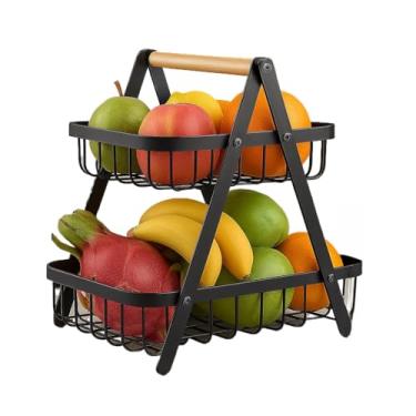 Imagem de Fruteira de Mesa ou Cesto Multiuso Cesta de metal portátil Organizador para Casa Cozinha Escritório(DOIS ANDARES PRETA 24CM)