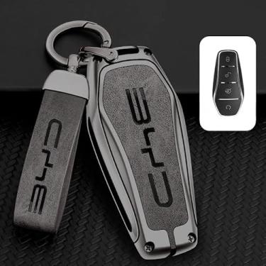 Imagem de Capa de Chave Premium BYD, Capa Protetora para Chave de Carro em Liga de Zinco e Couro – Case com Chaveiro e para BYD Qin Plus DMI, Atto 3, Han EV e Dolphin (Chumbo Cinza)