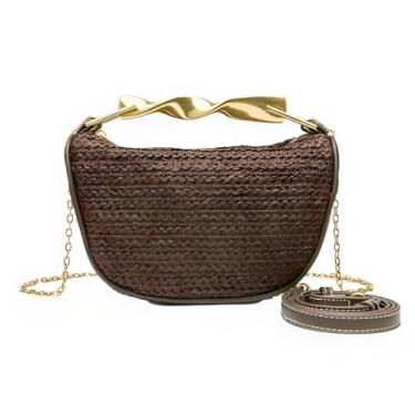 Imagem de Sacolas de palha para mulheres, bolsas transversais de tecido, feitas à mão, bolsas de ombro modernas, bolsas de ombro com duas alças, Marrom