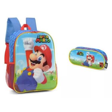 Imagem de Kit Mochila Costas Escolar Super Mário Azul + Estojo Menino - Luxcel