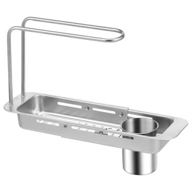 Imagem de ZJRDYYK Organizador expansível de pia de cozinha, organizador de pia de cozinha de aço inoxidável com suporte de pano de prato para esponja, pano de prato, escova, esfregão
