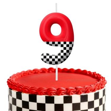 Imagem de Velas de aniversário de carro de corrida, decoração de topo de bolo de 6 cm, bandeira quadriculada número 9 velas, decorações de aniversário, decorações de bolo de festa de aniversário, suprimentos de