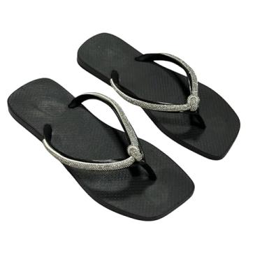 Imagem de Rasteirinha Feminina com Brilho Strass | Chinelo Flat Confortável Verão | Sandália Casual Elegante para Praia e Dia a Dia (Preto, BR, Adulto, Faixa Numérico, 35, 36)