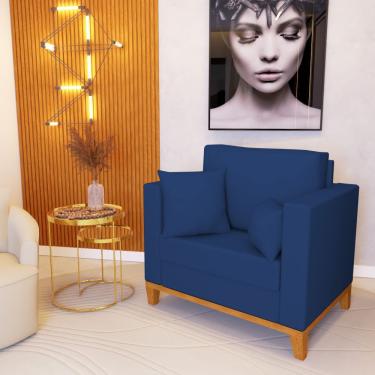 Imagem de Poltrona Beny Decorativa Com 2 Almofadas Veludo Azul Base Em Madeira Maciça