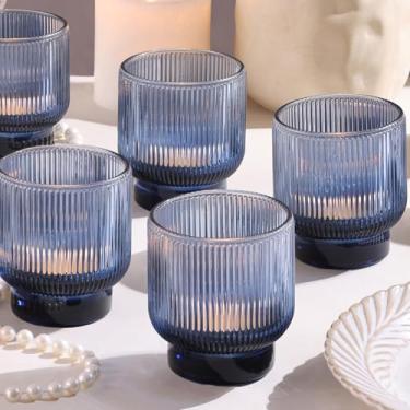 Imagem de Conjunto de castiçais votivos azuis de vidro gradiente de 15 a 6,5 cm x 7 cm com design canelado elegante, suportes votivos grandes para centros de mesa de casamento, outono, festa vintage ou