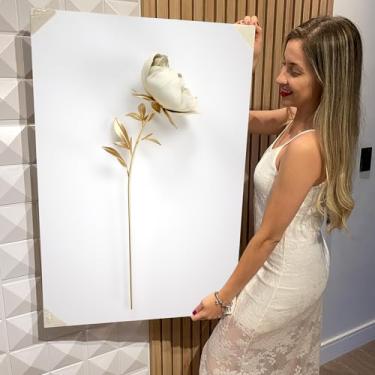 Imagem de Quadro Decorativo Canvas Flores Brancas e Douradas Vertical (CAN2591)