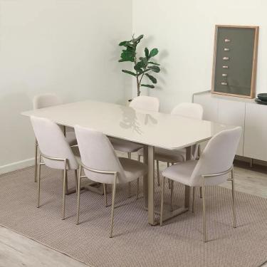 Imagem de Conjunto de Jantar Mesa Retangular com Vidro Arcádia 6 Cadeiras Lucille - Champanhe c/ Off White - Palha