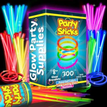 Imagem de PartySticks Glow Sticks Artigos de festa Pacote com 300 – Bastões que brilham no escuro com luzes de 20,32 cm, decorações de festa brilhosas, colares neon e pulseiras brilhantes com conectores