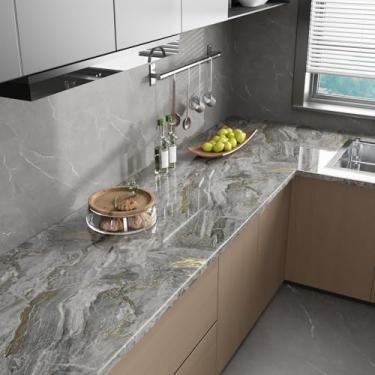 Imagem de VaryStyle Papel de Contato de Bancada de Mármore Dourado Cinza Impermeável Papel de Parede de Mármore Descasque e Cole Papel de Contato de Granito Grosso Brilhante para Cozinha Banheiro Envoltório de