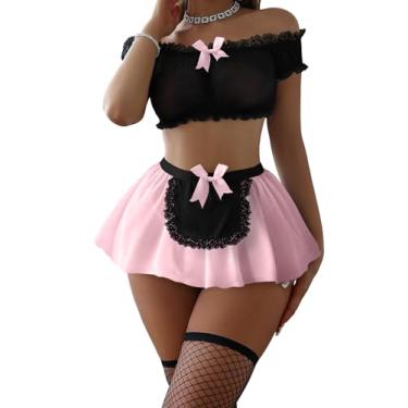 Imagem de Foxiny Conjunto de 4 peças de lingerie de renda transparente de malha sexy com calcinha fio dental, Laço preto e rosa, X-Small