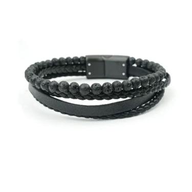 Imagem de Bracelete Rosso 20Cm Couro Preto Trancado Shambala Vulganica
