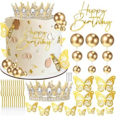 Imagem de Cake Topper AMZVALU Crown with Balls Happy Birthday Gold