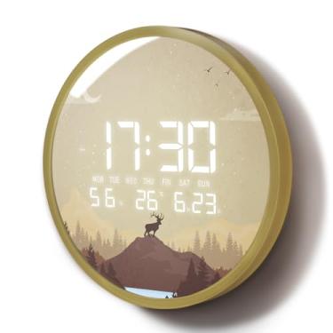 Imagem de SCOAGE Relógio de parede digital inteligente iluminado com luz automática umidade/temperatura/hora/data, relógio moderno decorativo alce montanha 12/24H ℃/interruptor de 30 cm para sala de estar
