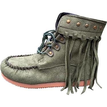 Imagem de Botas femininas de camurça retrô – Botas de camurça com franja no tornozelo, bico redondo, estilo romano, retrô, com franja, sapatos baixos, Verde militar, 41 BR
