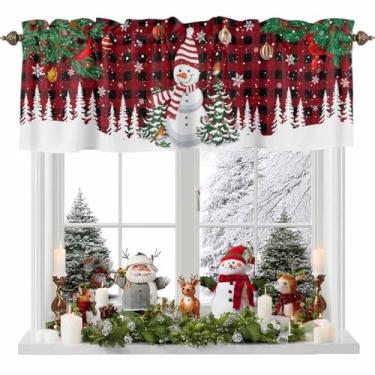 Imagem de Cortina de sanefa de Natal para cozinha, boneco de neve, árvore de Natal com sino xadrez vermelho e bolso para varão, cortinas para janela, tratamentos para cozinha, banheiro, quarto, 137 x 45 cm
