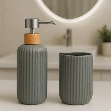 Imagem de Kit Banheiro Cerâmica 2 Peças - Porta Sabonete Líquido e Porta Escova para Decoração Lavabo(PETRA CINZA)